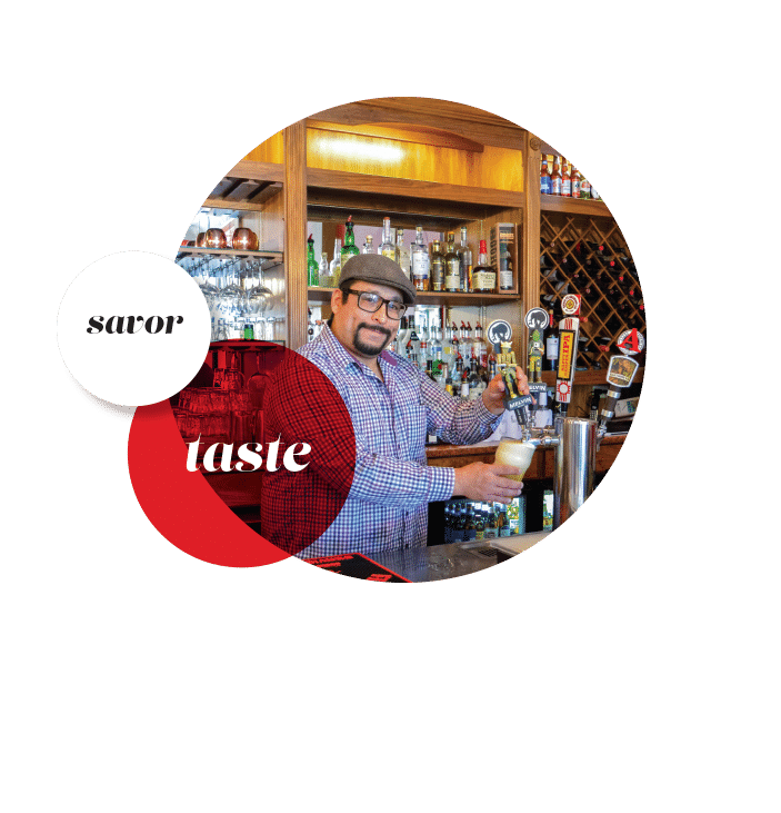 circular image with words; savor and taste depicting a bartender drawing draft beer from a tap