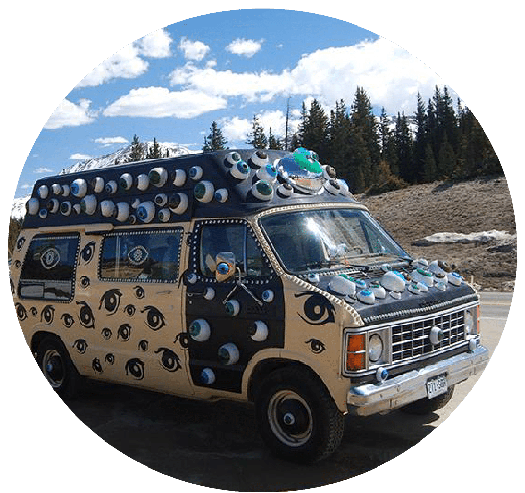 Circular photo of Eyevan, an art car belonging to Art Cartopia Museum in Trinidad, Colorado