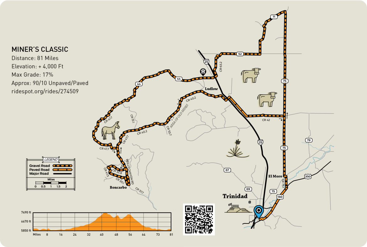 Map of the Miner's Classic gravel route