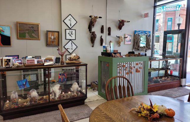 A view of the interior of So Co Mountain Art Emporium. There is a diverse collection of small crafts and artworks made by different artists.