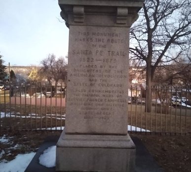 Close up view of Santa Fe Trail marker in Kit Carson Park, Trinidad, Colorado